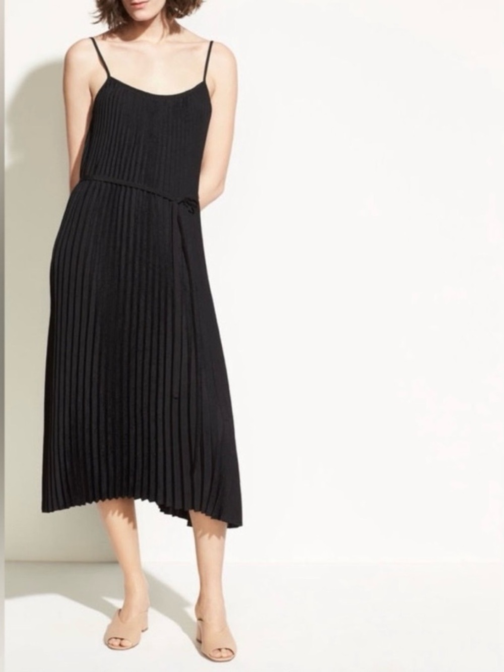 Vince Black Pleated Spaghetti Strap Midi Dress